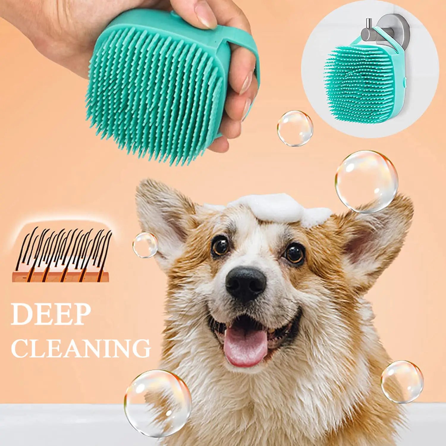 Dog Bathing Brush Pet Massage Brush Shampoo Dispenser Soft Silicone Brush Rubber Bristle for Dogs and Cats Shower Grooming Tool